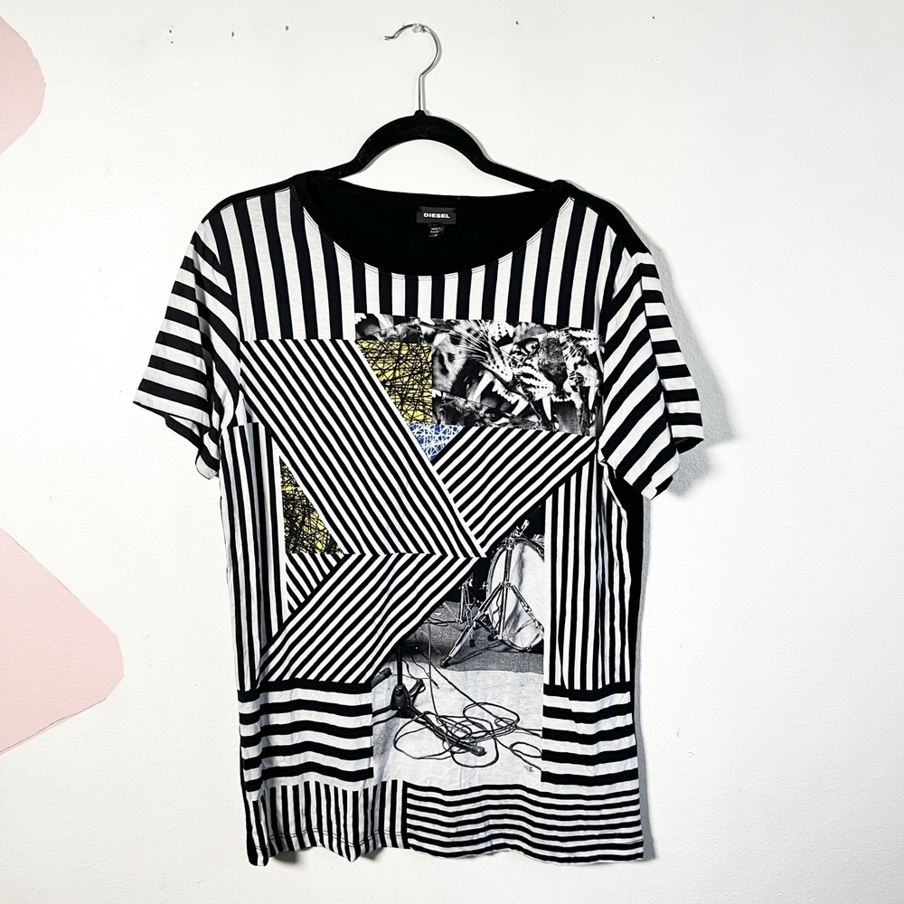 Diesel T Shirt Sz Medium Stripe Patchwork